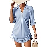 Dokotoo Womens Summer Beach Cover Ups Casual V Neck Long Sleeve Swimsuit Coverup Pleated Solid Drawstring Dresses Shirt