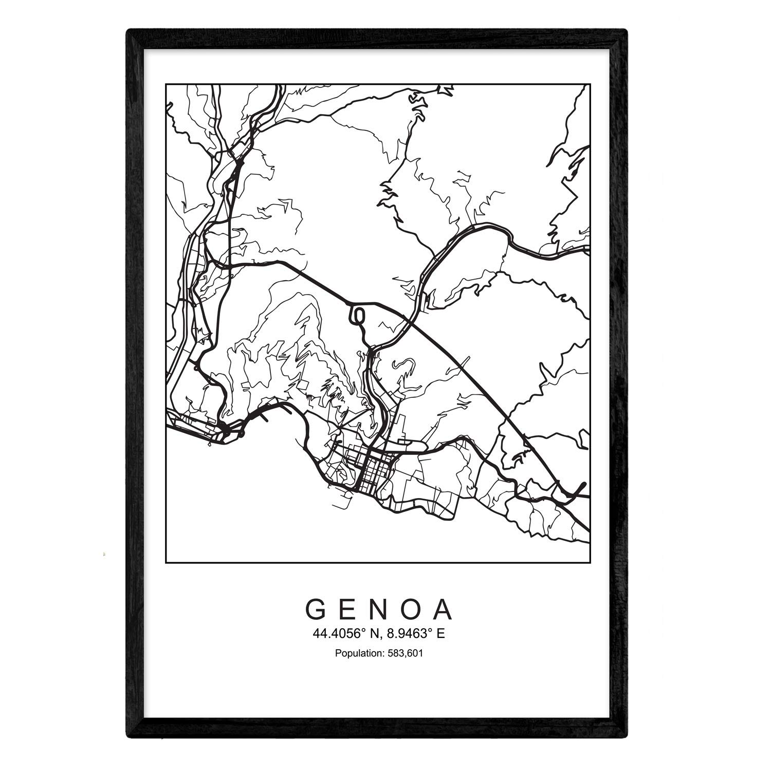 Nacnic Map blade Genoa City Scandinavian style in black and white. A3 size poster Printed paper No 250 gr. Paintings, prints and posters for living room and bedroom
