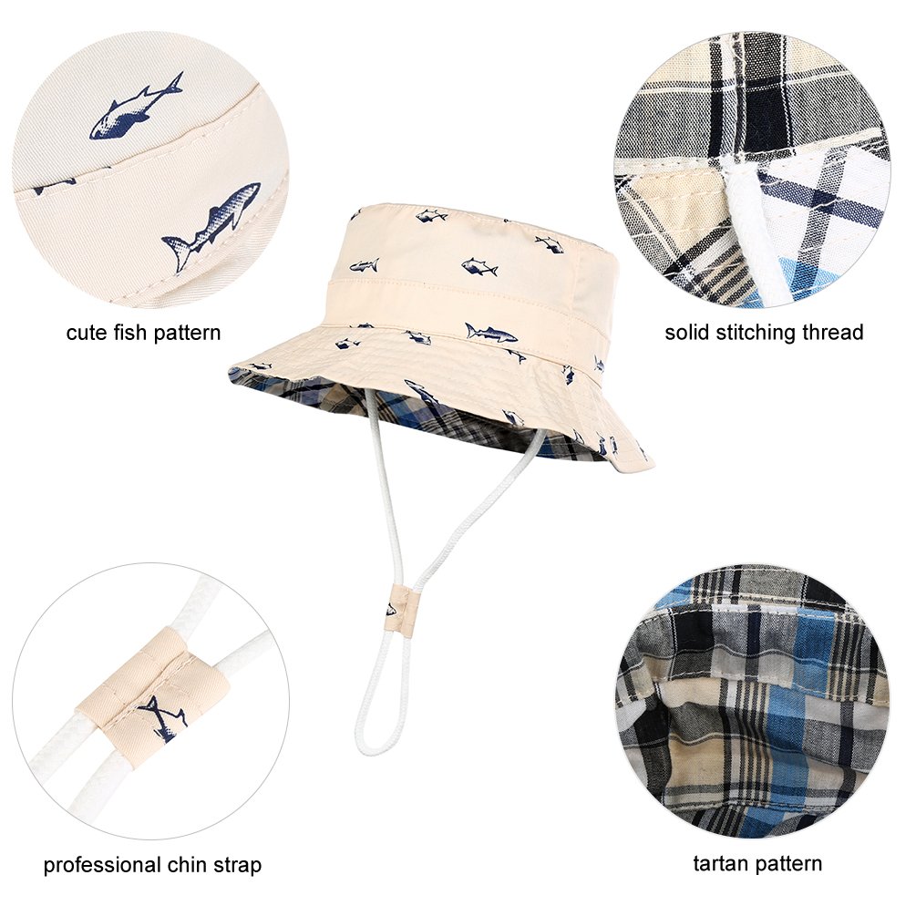 VBIGER Kids Cotton Bucket Hat Reversible Sun Hat Foldable Beach Cap with Adjustable Chin Strap,Aged 1-6