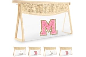 UIXIZQ Small Boho Straw Initial Letter Makeup Bag Personalized Gift ,Cute Clear Chenille Patch Makeup Bag With Zipper,Trendy TSA Approved Travel Toiletry Bag,Gift for Women Girls Birthday Friend, Letter M