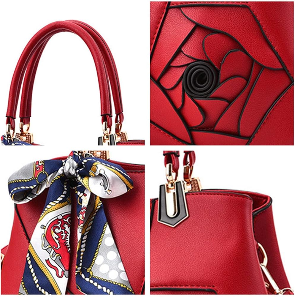 AlwaySky Women Rose Design Handbag, PU Leather Top Handle Bag, Tote Satchel Bag for Ladies Office Travel Shopping - Image 3