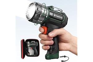FORTO Compact Rechargeable Spotlight with Adjustable Focus, Handheld Spotlight with Stand, 823m Range, 3 Light Modes and LED 