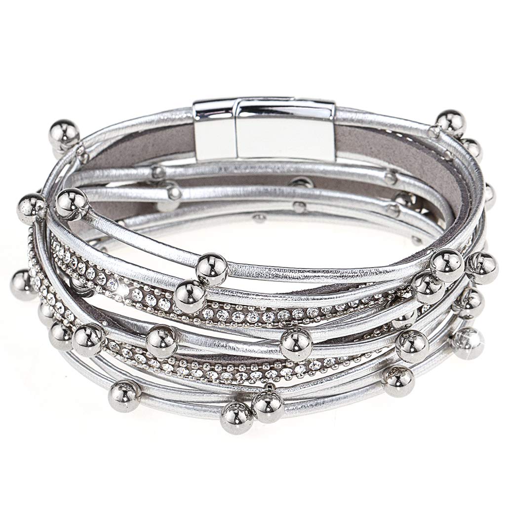 Gleamart Multi-Layer Leather Bracelet Beads Wrap Cuff Bangle for Women Girls Silver
