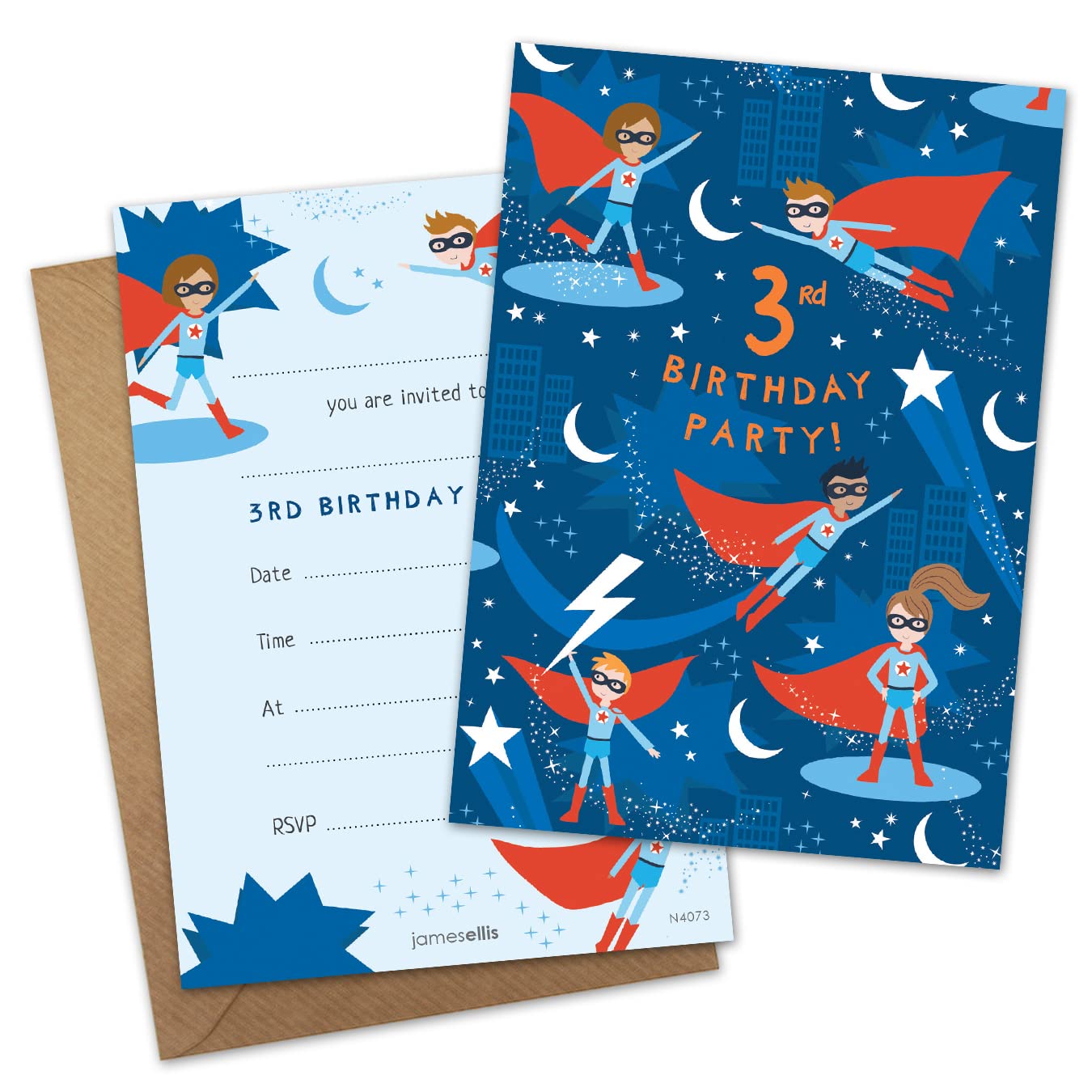 James Ellis Pack of 8 Children’s Superhero Birthday Party Invitations Age 3 with Envelopes
