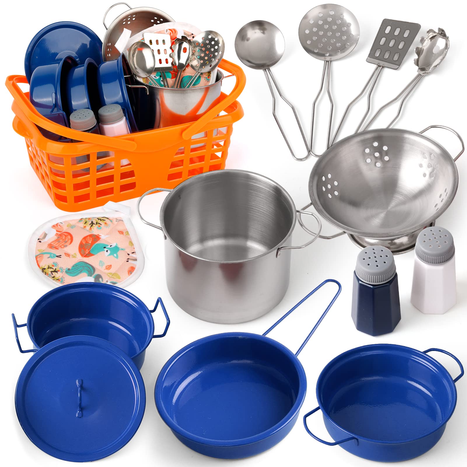 Veitch fairytales Kids Play Kitchen Toy Accessories Set Toddler Cooking Playset Colorful Stainless Steel Pots and Pans Birthday Gifts for 3+ Girls Boys (Blue)