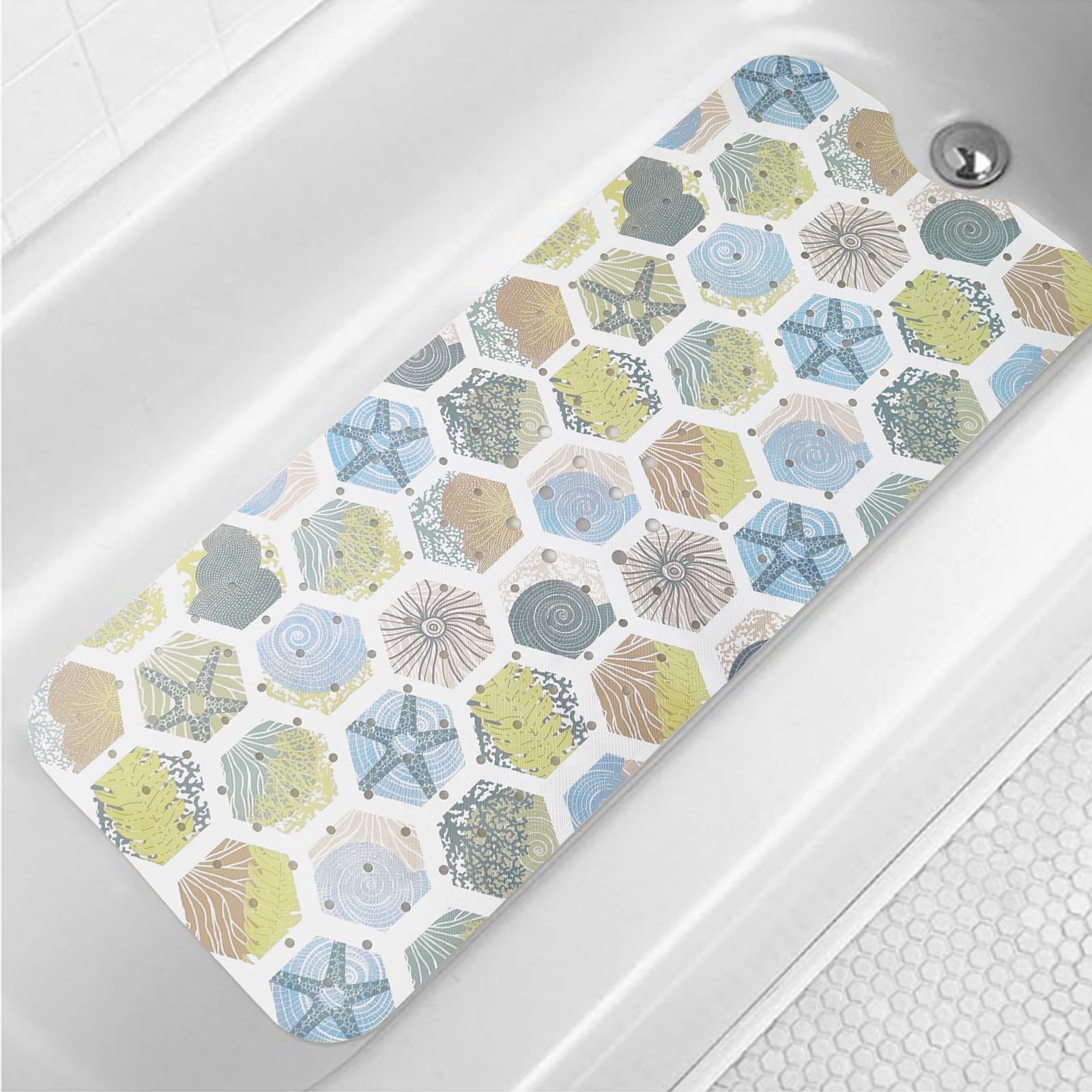 Bathtub Mat Non Slip for Kids 40x16in Extra Long Anti Slip Bath Mat for Tub Abstract Bath Shower Mat with Large Drain Holes and Suction Cups Quality Honeycomb Design Bathroom Decor -Starfish