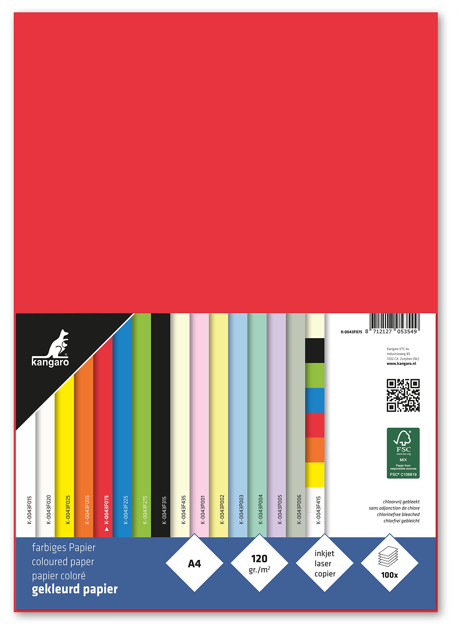 kangaro - Red Coloured Paper DIN A4-120 g/m² FSC Mix - 100 Pack - Stationery Craft Paper K-0043F075 29.7 x 21 x 1.5