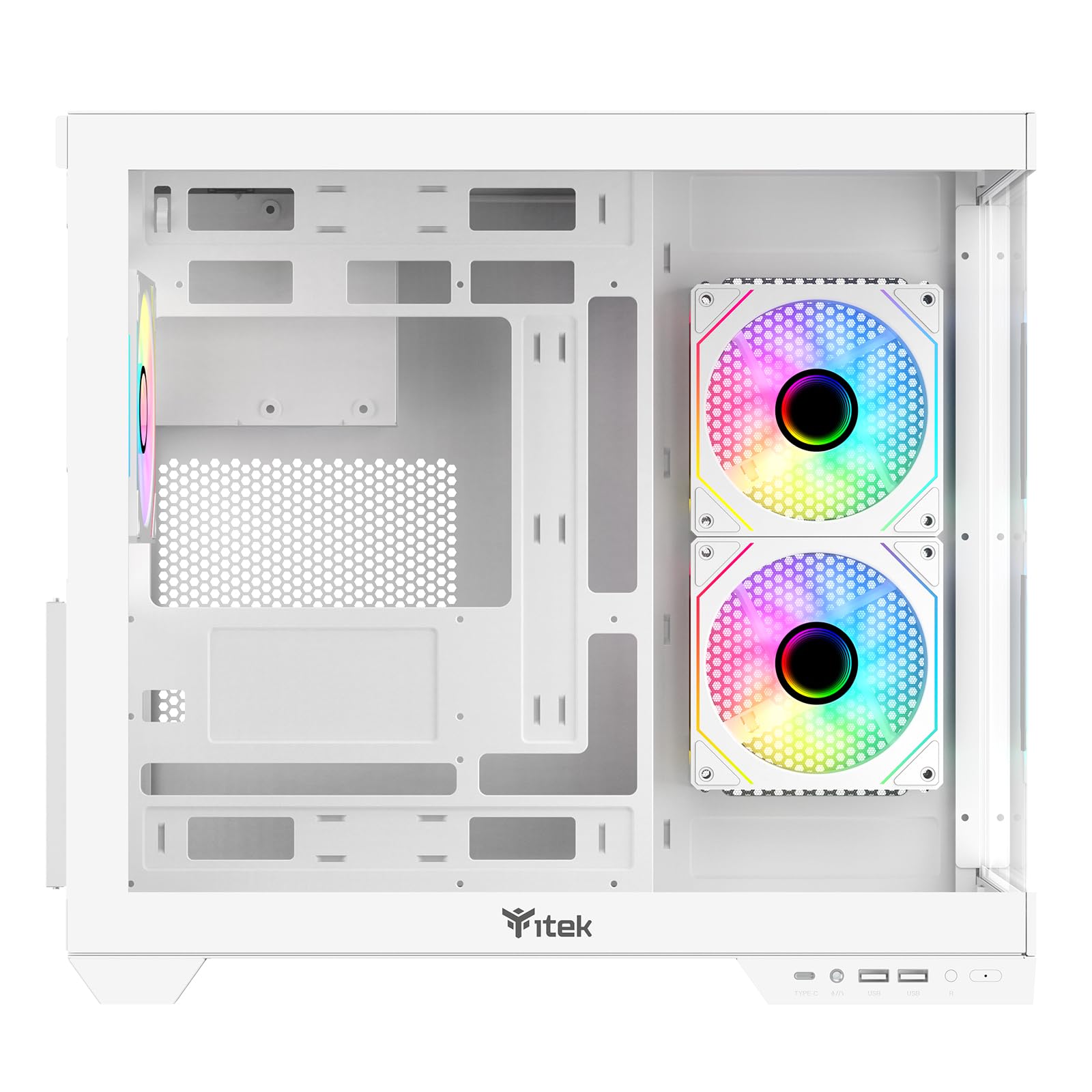 Itek Dark CAVE DS Gehäuse – Gaming Tower – ATX – 3x12cm ARGB-Lüfter – 2X USB 3.0 – Type-C – Seiten- & Frontpanel aus Gehärtetem Glas – Weiße Edition 3