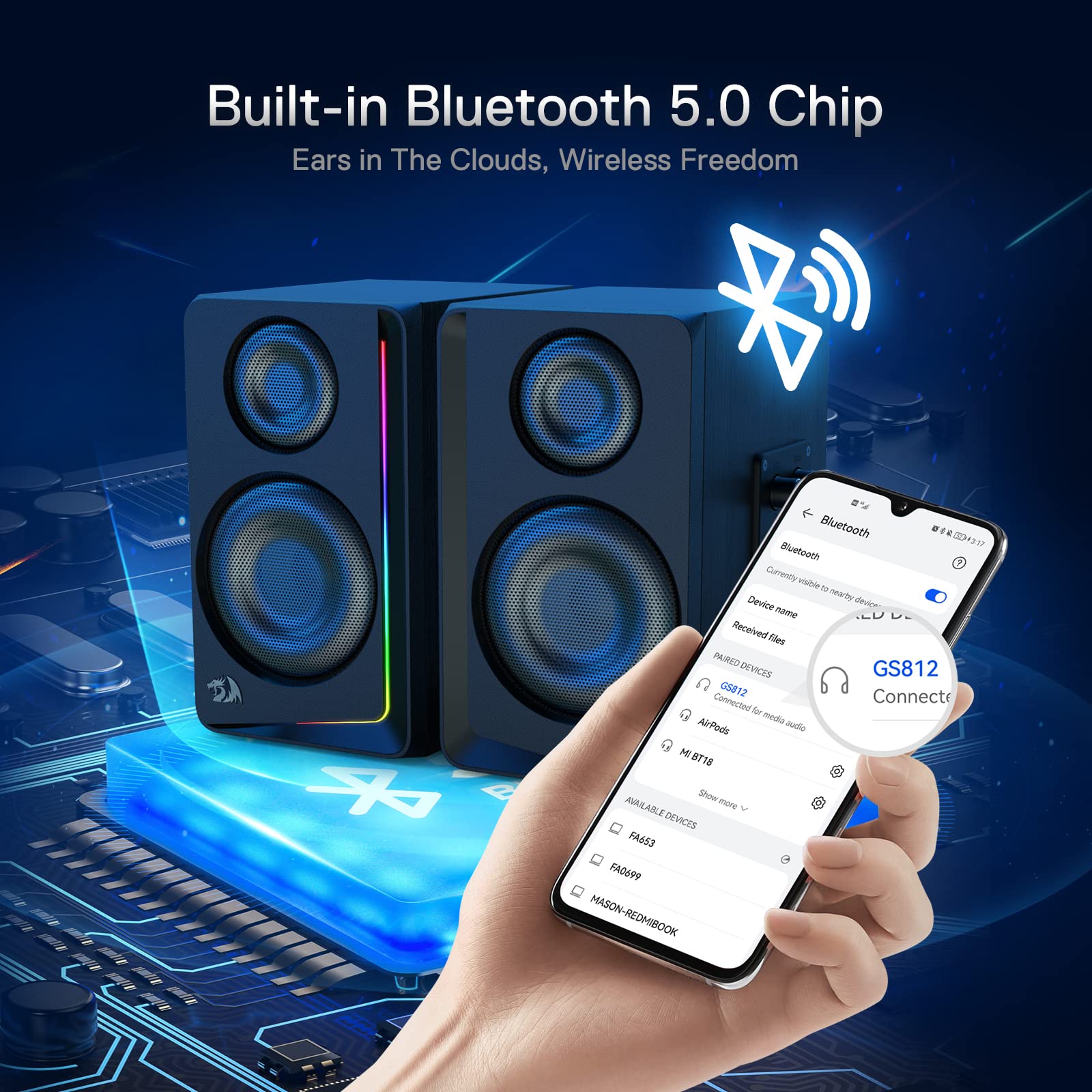 Redragon GS812 Wireless RGB Wooden Desktop Speakers, 2.0 Bookshelf Speaker w/BT 5.0/3.5mm AUX, Enhanced Bass/Volume Knob Control, Mic/Audio Jacks & Dynamic RGB Lighting