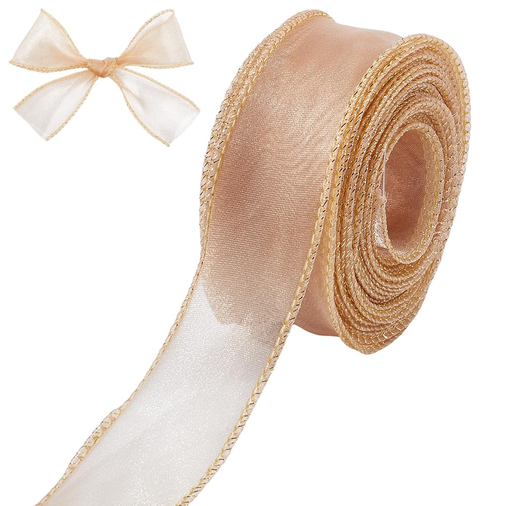 CRASPIRE 1-5/8” Wide Coffee Gold Wired Sheer Ribbon Organza Tulle Gift Ribbon Handmade Christmas Chiffon Fabric 6.5Yd for Gift Wrapping Wedding Flower Bouquet Wreath Xmas Craft Hair Bow Party Holiday