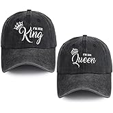 2 Pcs I'm Her King and I'm His Queen Hats for Men Women, Adjustable Washed Cotton Matching Wedding Couple Gifts Baseball Cap