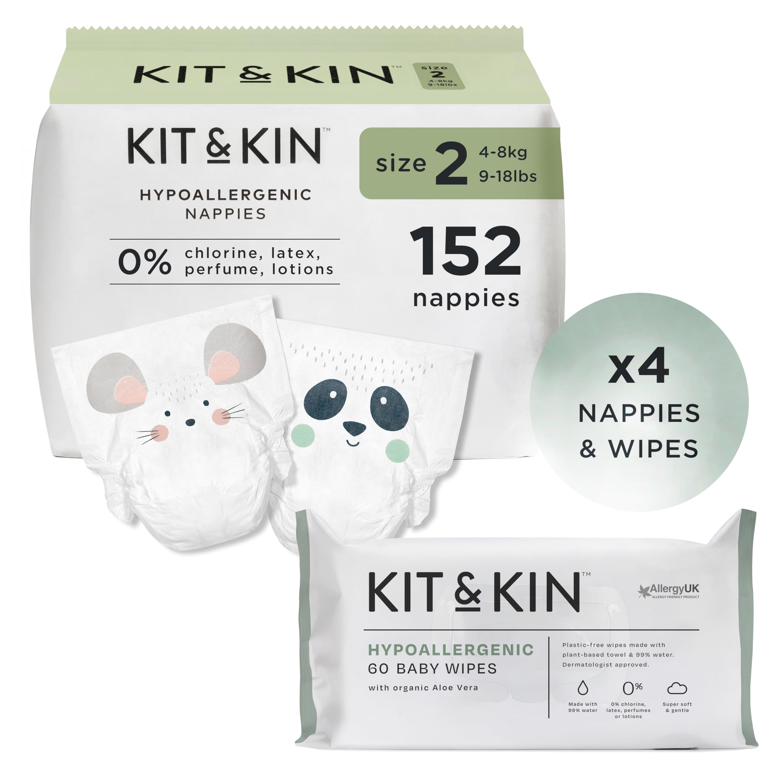 Kit & Kin Premium Size 2 Newborn Essentials Starter Pack | 4x Packs Baby Nappies and 4x Packs Wet Wipes | Hypoallergenic with Flash Dry High-Performance Layer (152 Nappies, 240 Wipes)