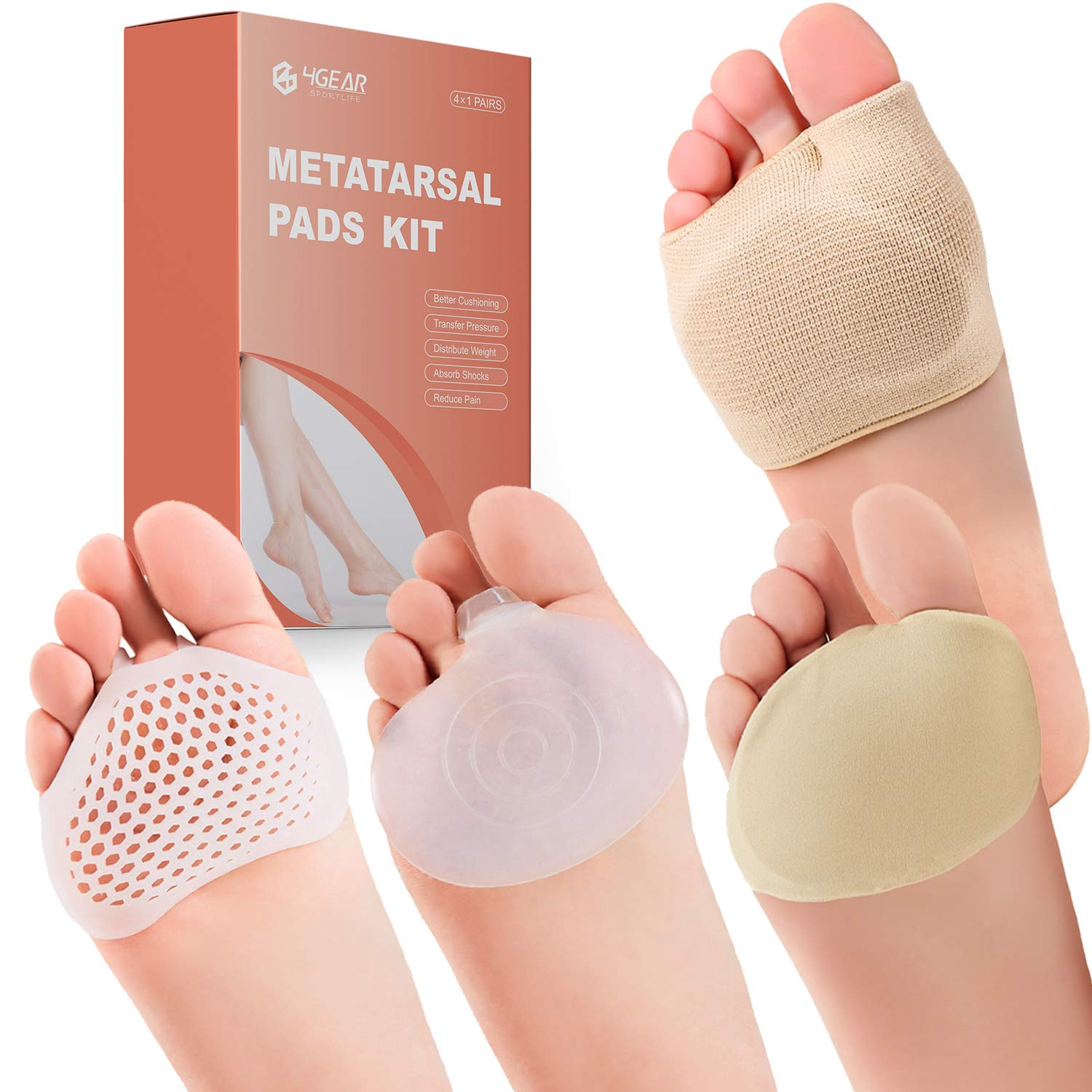 Metatarsal Pads Ball of Foot Cushions Kit - 8pcs- Metatarsal Gel Sleeves & Silicone Ball of Foot Pads - Great for Metatarsalgia, Bunion, Mortons Neuroma & Forefoot Pain Relief (Small)