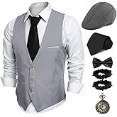 PARTTELY 1920s Mens Costume,Roaring 20s Costumes for Men,1920S Mens Outfit Accessories with Vest Hat Pocket Watch Tie Armband