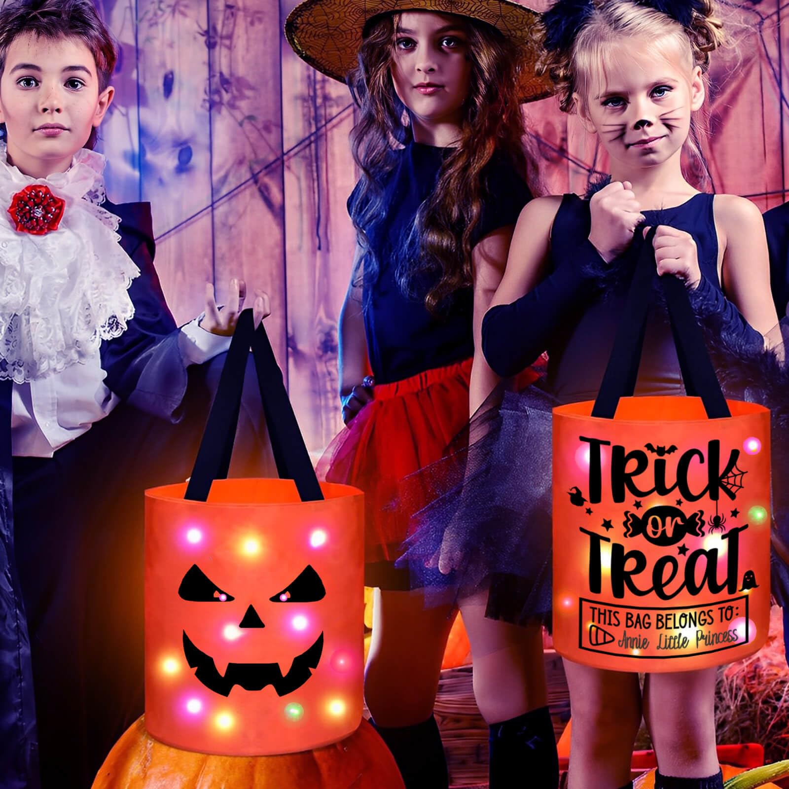 Halloween Trick or Treat Bags Candy Bucket Basket Decoration, Light Up Ghost Sweet Bags Multipurpose Reusable Goody Buckets for 2025 Halloween Party Decor Supplies Favors Gifts 2 Pack