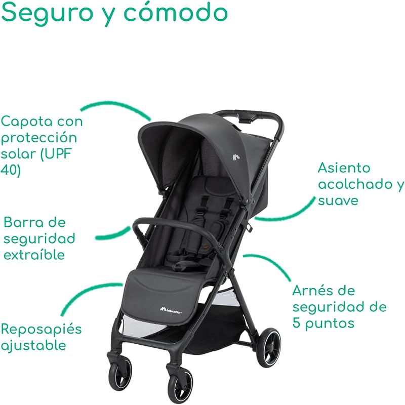 Azur, carrinho compacto para bebés, 0-3 anos (15 kg), carrinho leve para bebés, dobramento automático com uma mão, posição reclinada total, cesto largo, grafite mineral