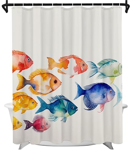 OTRANTO Cute Fish Shower Curtain Set - Cartoon Flatfish Design, Waterproof 72x72 Fabric With Hooks Included