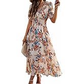 Women's Floral Maxi Dress Flowy V Neck Empire Waist Summer Wedding Guest Party Casual Chiffon Dress