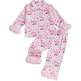 Kuriozud Toddler Kids Little Girls Christmas Satin Pajamas Green Feather Trim Sleeve Button Down Sleepwear Xmas Matching Pjs