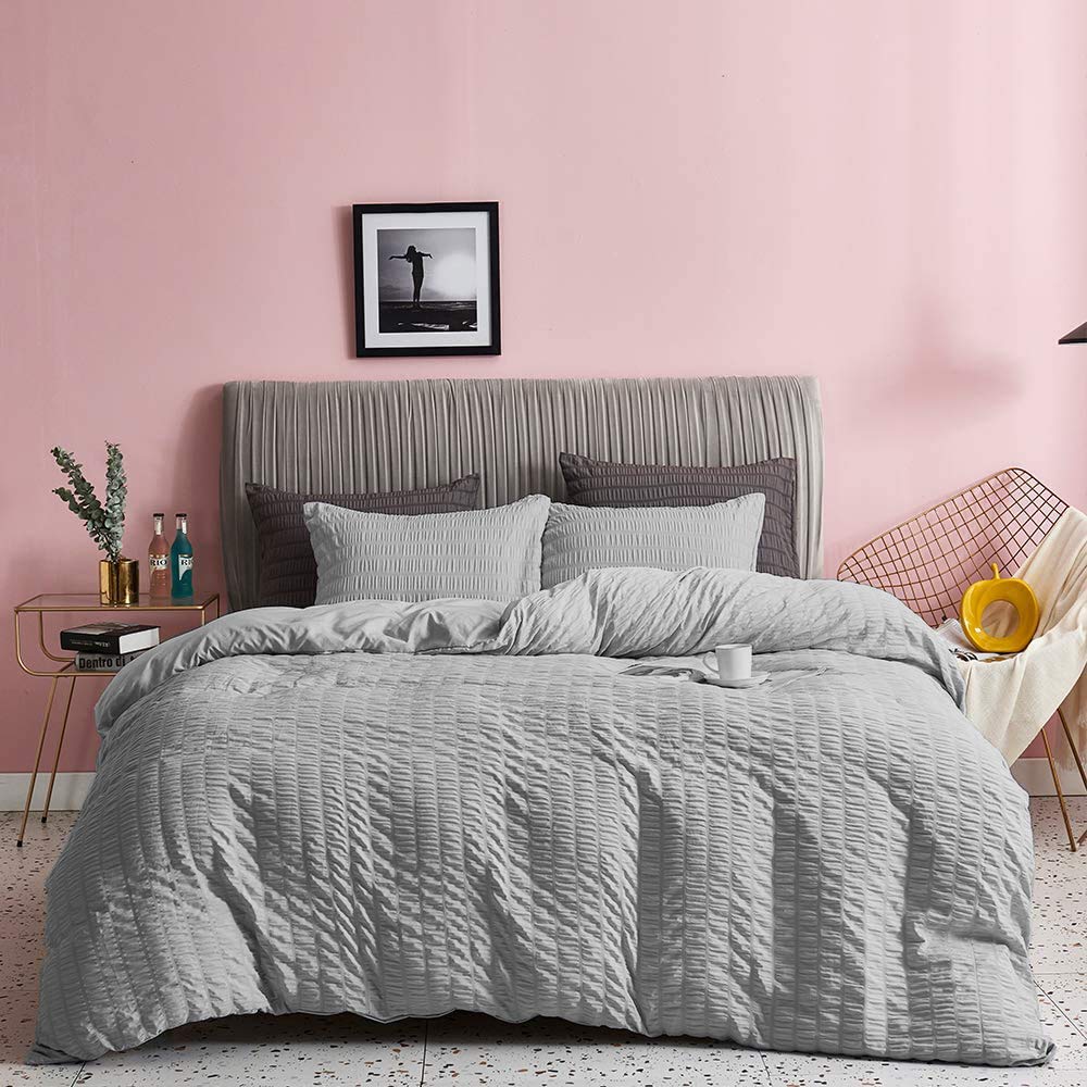 Seersucker Duvet Cover with Pillow Cases 100% Cotton 200 Thread Count Quilt Covers White | Silver | Charcoal | Pink | Grey Bedding Sets Double King Super King Size (Silver Grey, Super King)