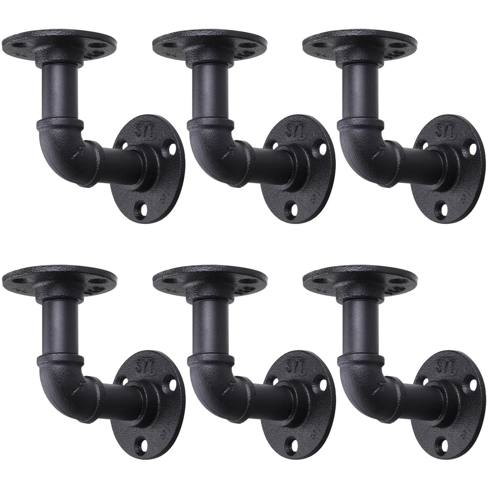 6 Pack Industrial Pipe Shelf Brackets, Black Floating Pipe Brackets with Screws, Heavy Duty Wall Mounted Pipe Shelves for Home Scaffold Board - 10×10cm