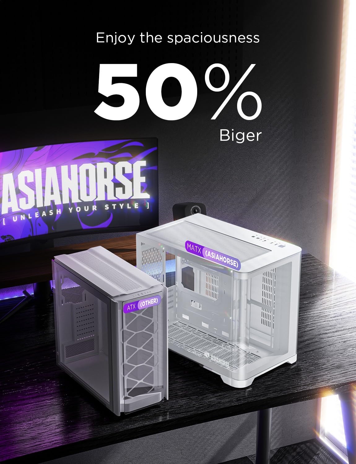 AsiaHorse Pegasus Micro ATX PC Case Dual Chamber 270° Full View Tempered Glass Huge Space MATX Gaming PC Case-360mm Radiator, RTX 40 Compatible, High Airflow Full-Tower MATX Computer Cases-White