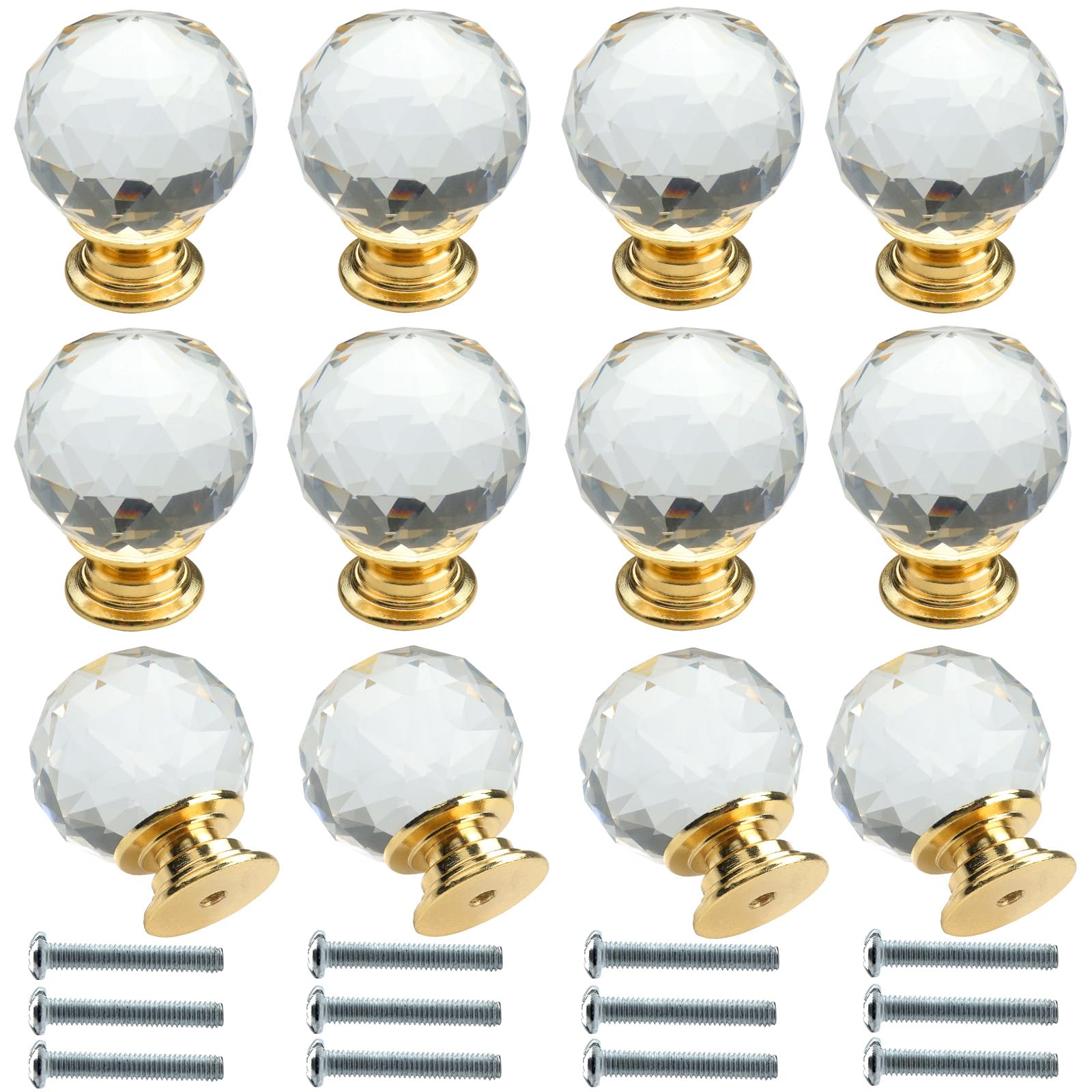 Roellgs 12 Piece 30mm Clear Round Crystal Glass Diamond Door Handle with Screws, High-end Luxury Pulls for Wardrobe and Drawer, Single Hole Pulls Home Decoration