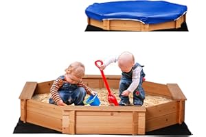Outsunny Kids Sandbox with Cover, Octagon Wooden Sand Box with Seat, Outdoor Children Sand Pit for Backyard, Garden, Beach, 5