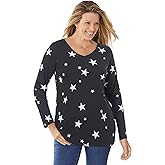 Woman Within Plus Size Perfect Printed Long-Sleeve V-Neck Tee