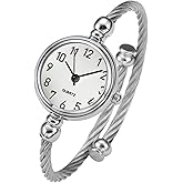 Top Plaza Womens Fashion Analog Quartz Bangle Cuff Wrist Bracelet Watch Elegant Stainless Steel Wire Band Arabic Numerals Dress Watches
