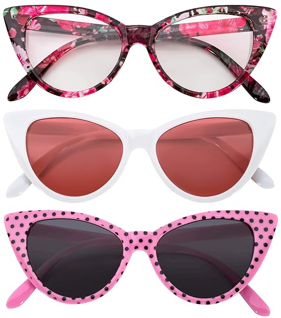 3 pairs Cat Eye Sunglasses Plastic Pink Polka Dots White Floral frames