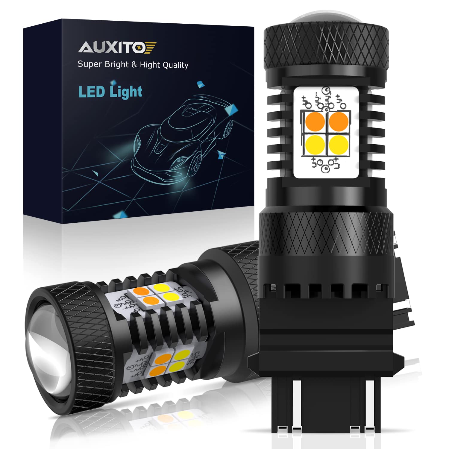 Photo 1 of AUXITO White and Amber Dual Color Switchback 3157 3155 3457 4157 LED Bulbs with Projector 3030 Chipsets for Car Turn Signal Lights Parking Lights, (Pack of 2)