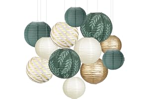 ZILUE Paper Lanterns Party Decorations, 12pcs Green Gold Round Hanging Paper Lanterns for Birthday Party Wedding Baptism Sage Green Party Decor (Green/Gold)
