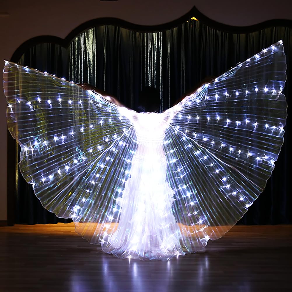 Leemiman Women Belly Dance LED Wings for Adult Belly Dance Costumes for Halloween Christmas Party Wings with Sticks ((White)
