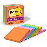 Post-it Super Sticky Notes, 3x3 in, 6 Pads, 2x the Sticking Power, Energy Boost Collection, Bright Colors (Orange, Pink, Blue