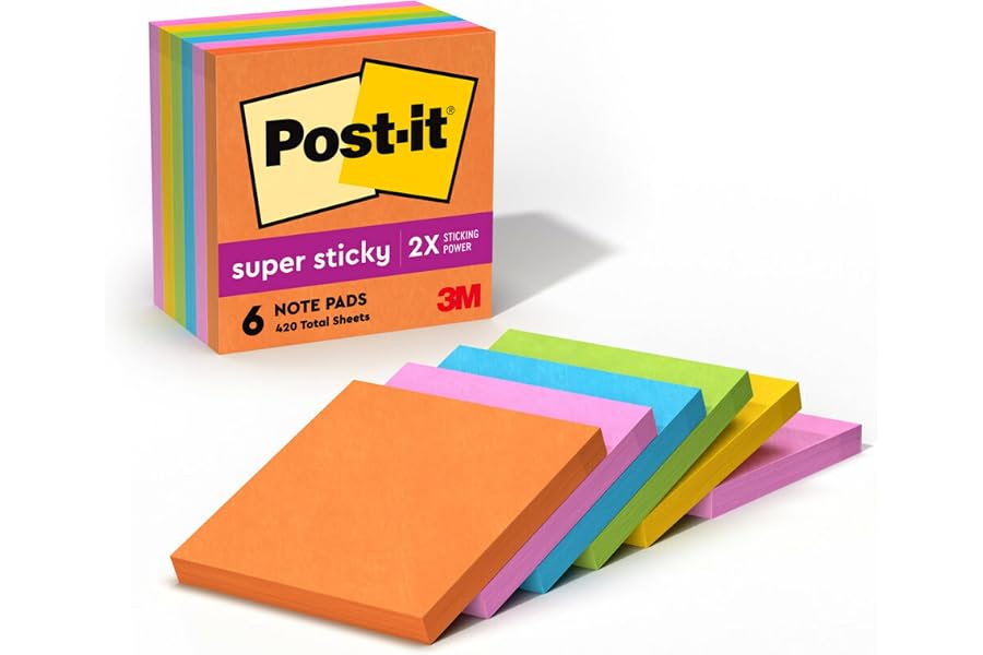 Post-it Super Sticky Notes, 3 x 3 in, Neon Fizz, 6 Pads, 70 Sheets/Pad | School Supplies and Oﬃce Supplies, 2X the Sticking Power