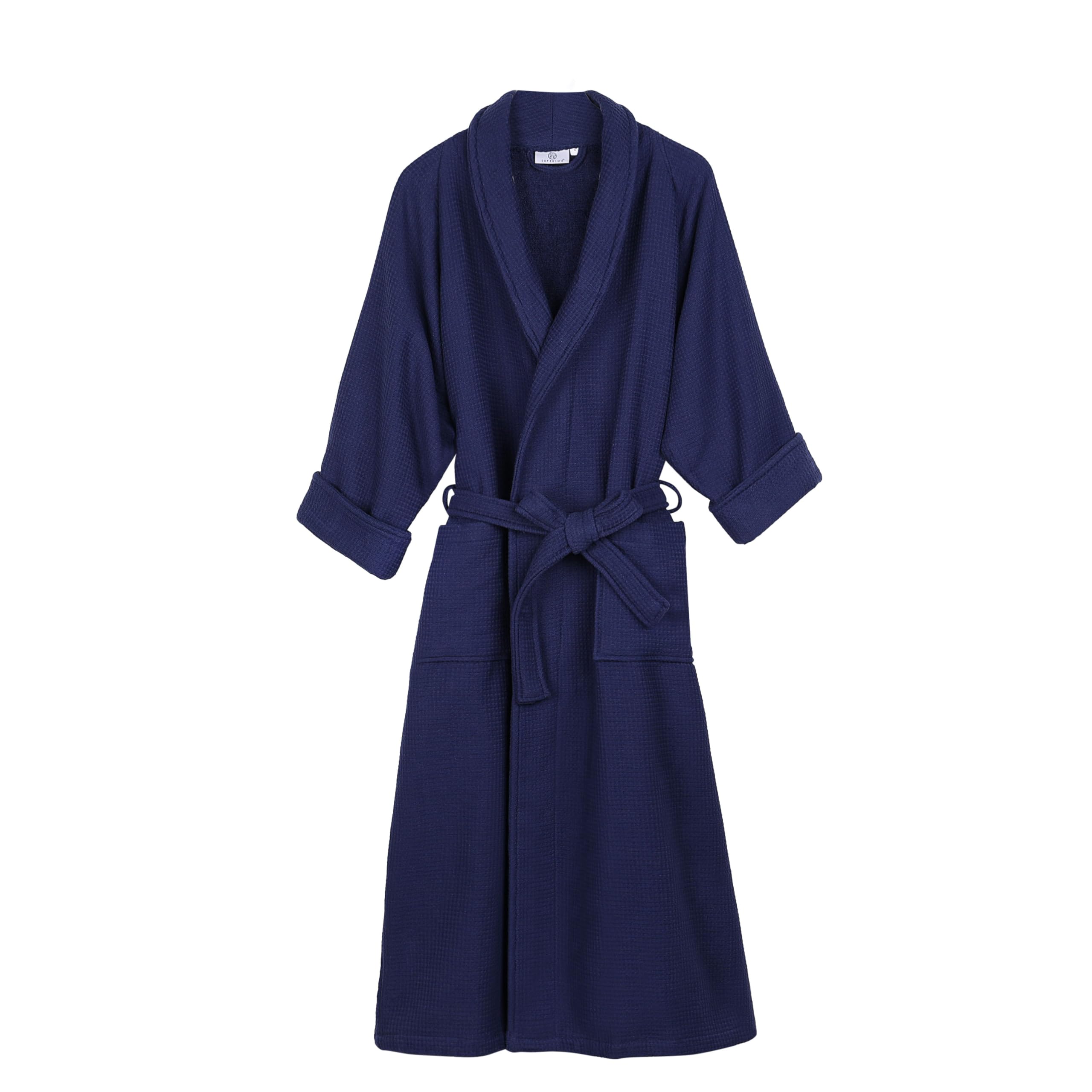 Superior Waffle Weave Cotton Unisex Bathrobe with Belt, Soft, Absorbent Robe for Men and Women, Bath Essentials, Long, Plush, Fluffy Robes for Shower, Spa, Resort, Honeycomb Solid, Medium, Navy Blue