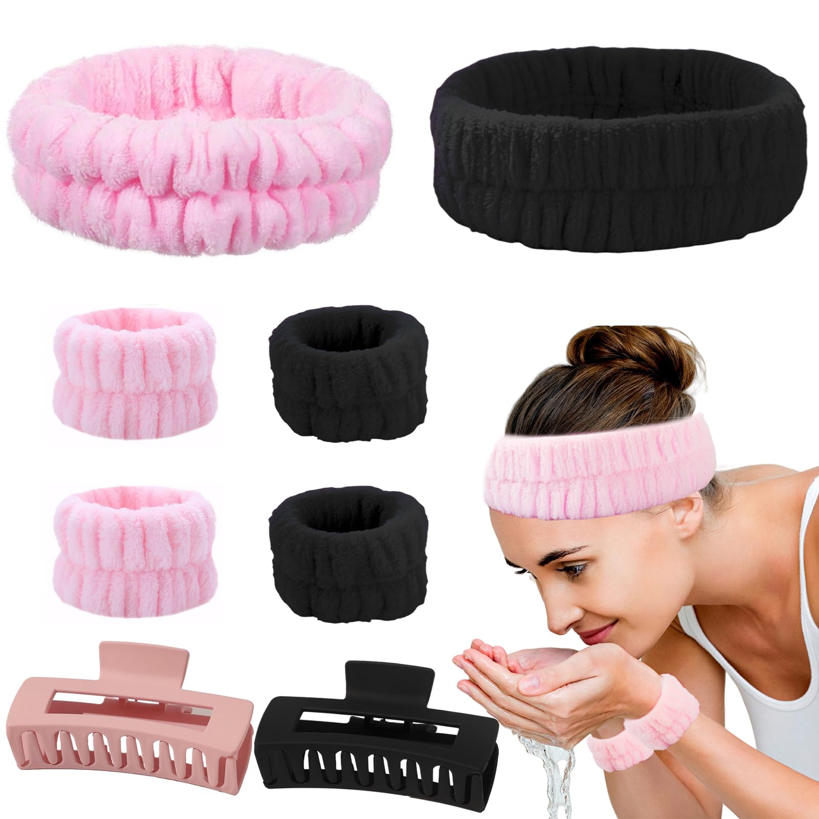 8 Pcs Spa Headband Wristband Set with Hair Clips, Soft Elastic Skincare Headbands for Washing Face, Makeup Headband Wrist Bands for Women Girls Makeup Bath Shower