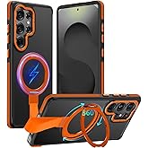 TIANNIUKE for Samsung Galaxy S25 Ultra Case 360°Rotatable Magnetic Ring Holder Stand with Silicone Strap, Fit for MagSafe Mil-Grade Shockproof Translucent Matte Phone Cases for S25 Ultra (Orange)