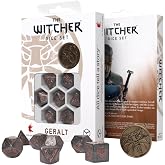 The Witcher Ornamented Dice Set: Geralt, Price of Neutrality by Q Workshop | 7 Polyhedral Dice &amp; Metal Coin, Shimmering Gray with Copper Engravings, Officially Licensed Tabletop RPG Set