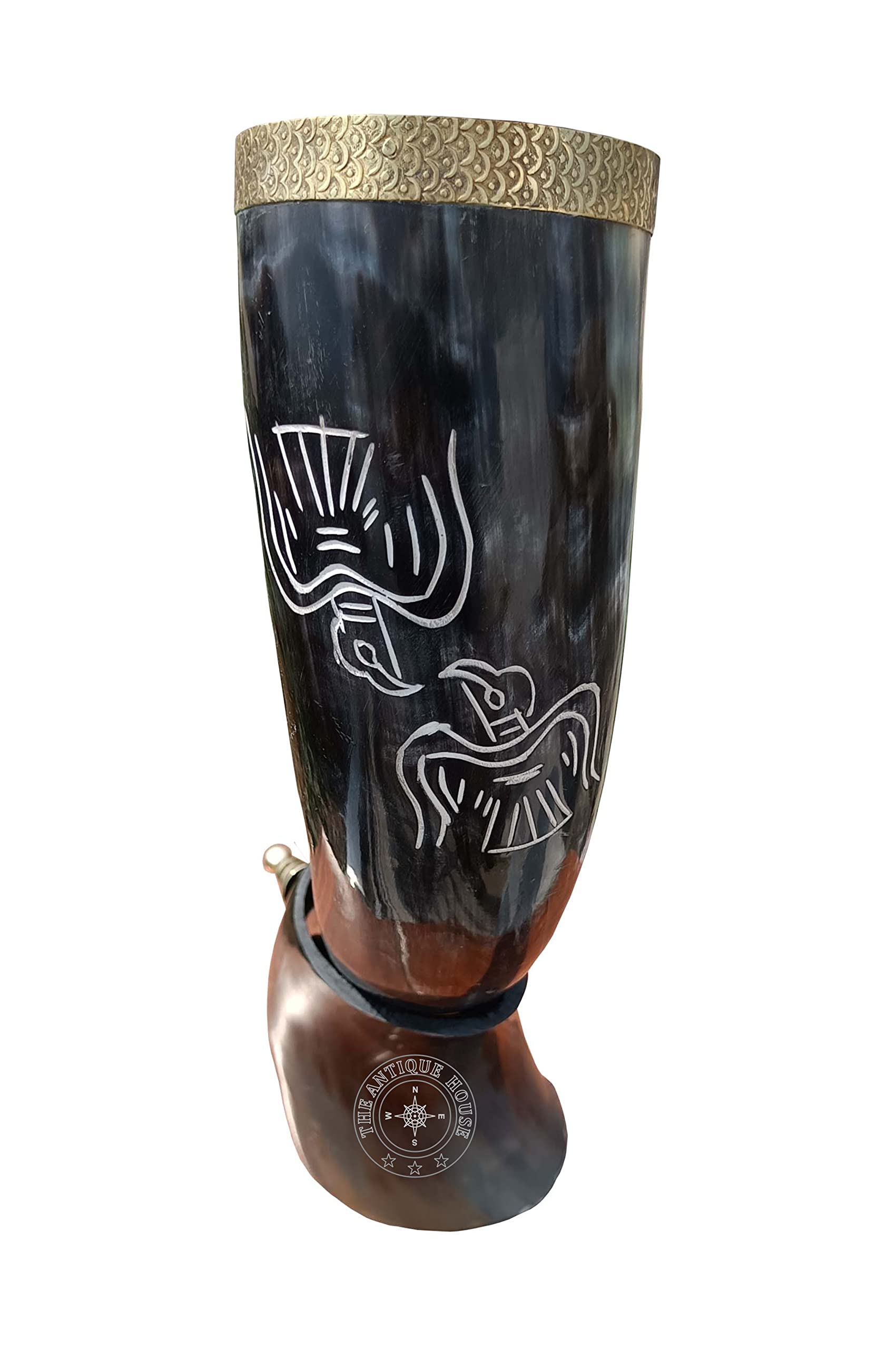 Real Viking Eagle Drinking Horn Mug Vintage Beer Mead Water Cup with Stand Best Gift for Antique Lover