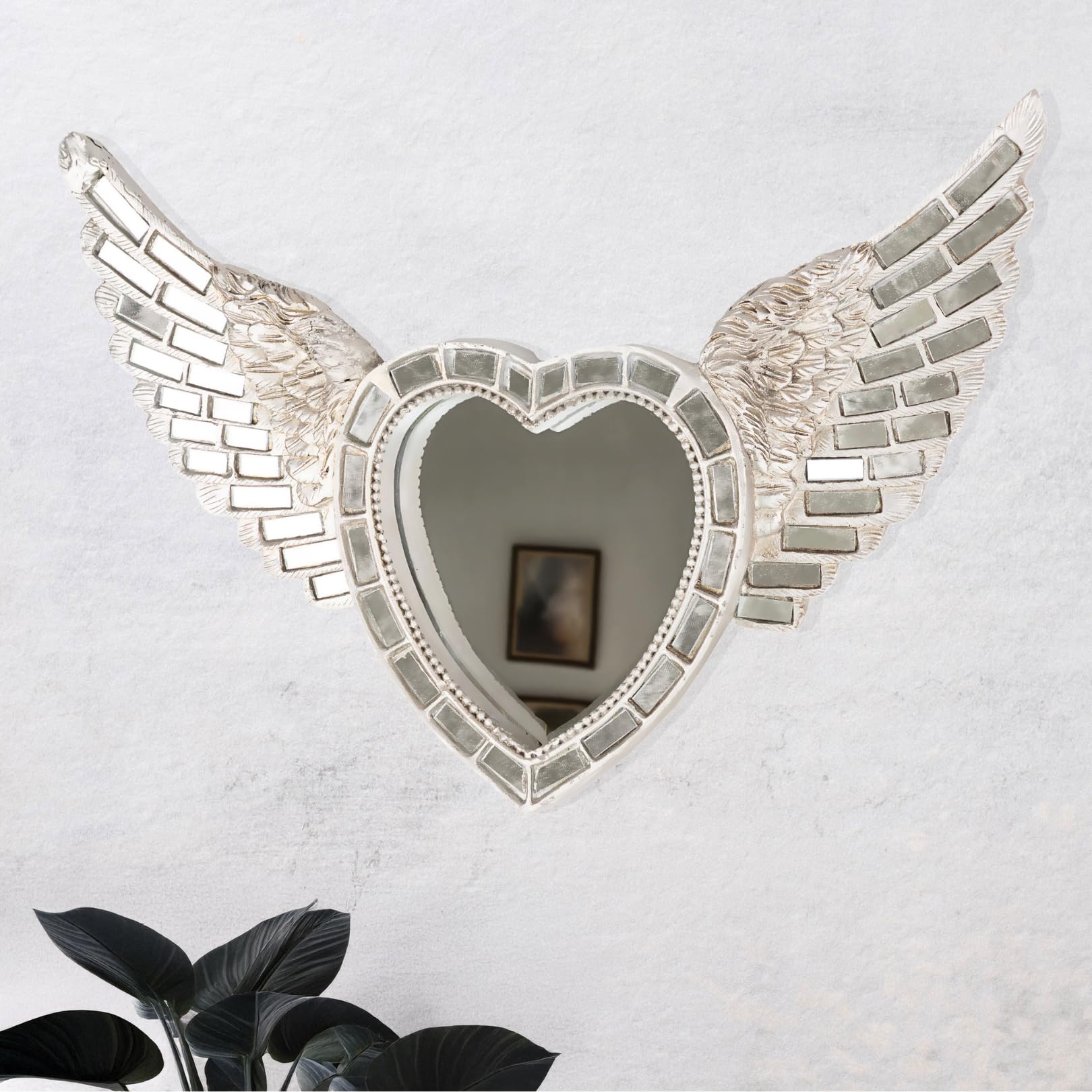 HomeZone® Heart Shaped Angel Wings Wall Mirror Set Decorative Mosaic Hanging Mirrors for Walls Vintage Wall Mounted Mirrors Wall Decor for Hallways Stairs Living Rooms Home Decoration Bedroom Decor