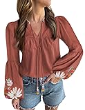 Women's Casual Floral Embroidered V Neck Boho Puff