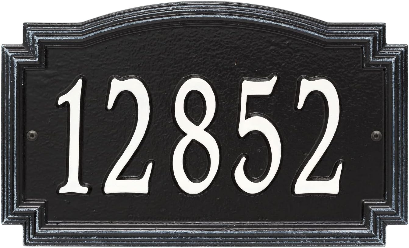Address Signs - Whitehall Barcelos Personalized Cast Metal Address Plaque Custom House Number Sign 3343BW with One Line in Black and White Color 14 X 8.5