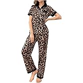 WDIRARA Women's Leopard Print Pajama Set 2 Piece Short Sleeve Button Down Shirt Pants Pjs Sleepwear