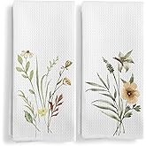 Qeheb Boho Watercolor Wildflower Kitchen Towels, Cottagecore Floral Decorative Kitchen Towels Set, Cottagecore Vintage Flowers Bouquet Hand Dish Tea Towel for Farmhouse Home Bathroom 16x24in