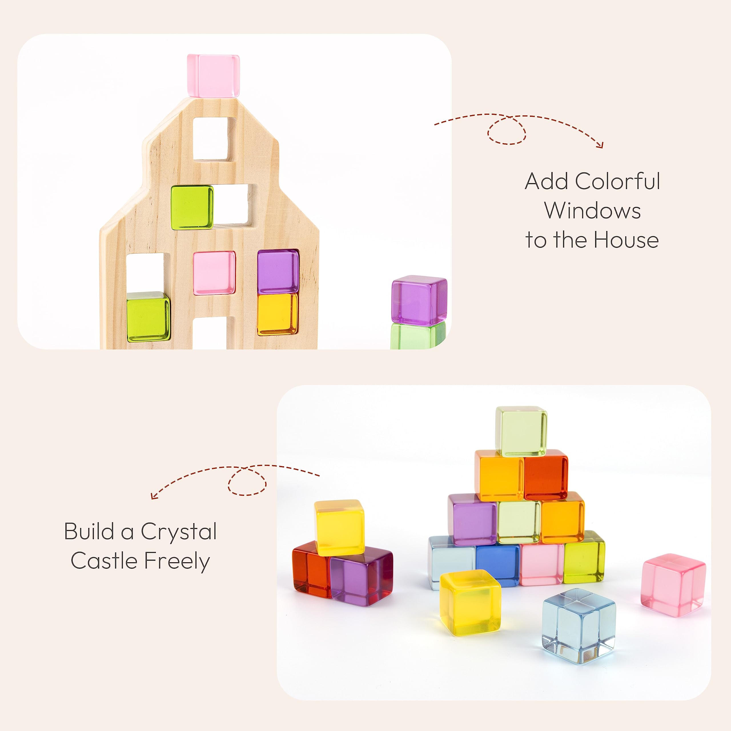 Woodtoe Wooden Building Blocks Set for Kids, 36 PCS Rainbow Acrylic Gem Cubes Blocks - 3 Wood House, Montessori Stacking Toy for Toddlers, Educational STEM Christmas Toys for Boys Girls 3-6