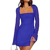 Caracilia Womens Sexy Mesh Ruched Mini Dresses Long Sleeve Square Neck Tie Fall Club Party Cocktail Short Dress 2025 Fashion