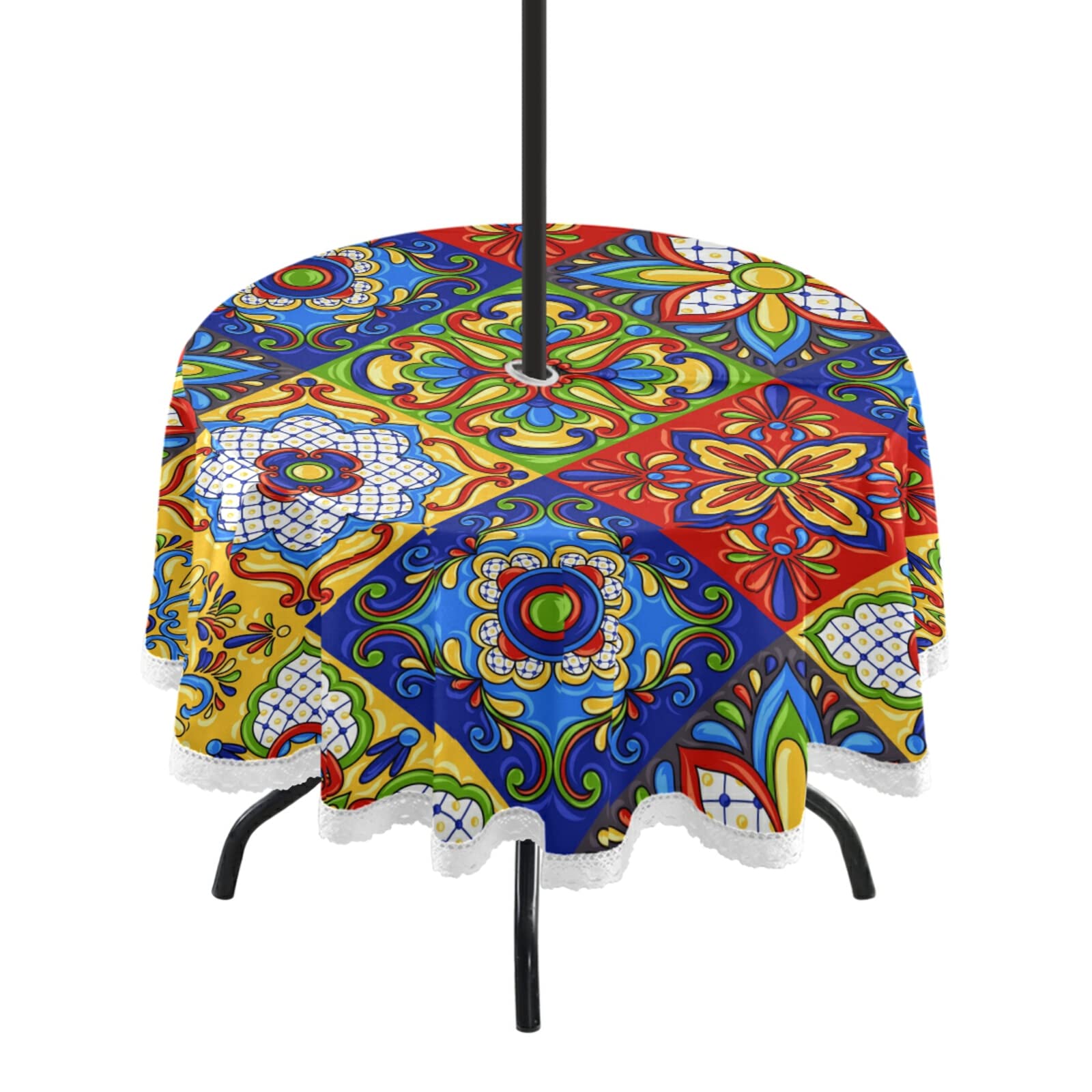 xigua Mexican Talavera Ceramic Tile Style Round Tablecloth 60In,Waterproof Patio Table Cloths with Umbrella Hole and Zipper,Table Covers for Indoor & Outdoor Backyard/BBQ/Picnic