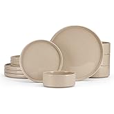 E-far Stoneware Dinnerware Sets, 12-Piece Plates and Bowls Dish Set for 4, Kitchen Modern Dinning Ware, Chip and Scratch Resistant, Microwave & Dishwasher Safe, Speckled Khaki